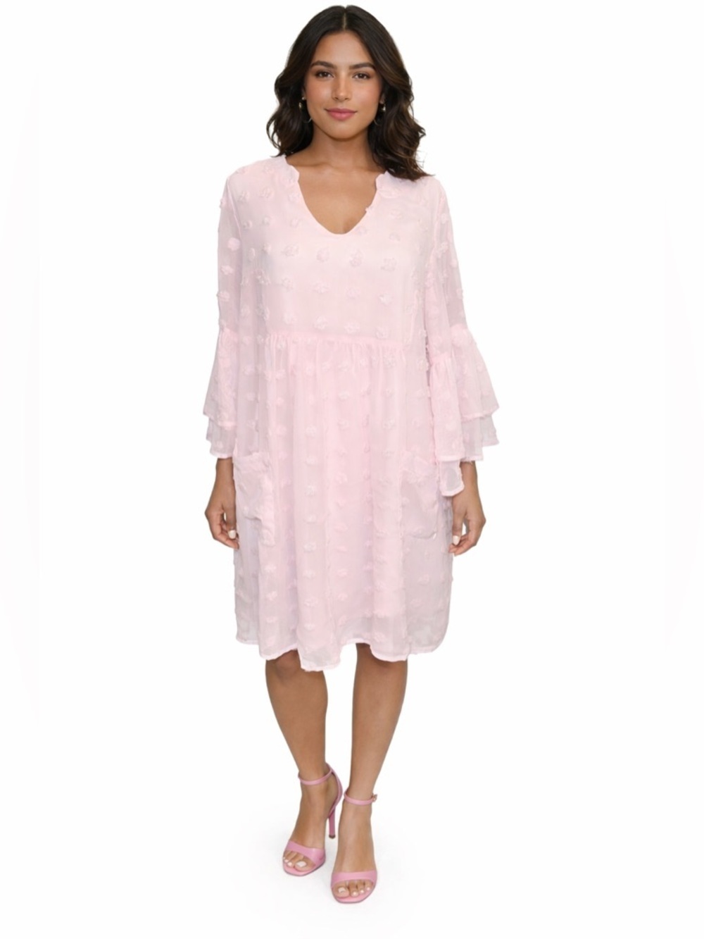 NWT Kojooin SZ S pink Swiss dot sheer dress/2 tiered bell sleeves/bust 38”